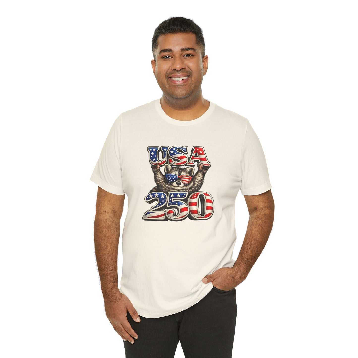 Patriot Raccoon 250th Anniversary T-Shirt — 4th of July Fireworks Flag Tee