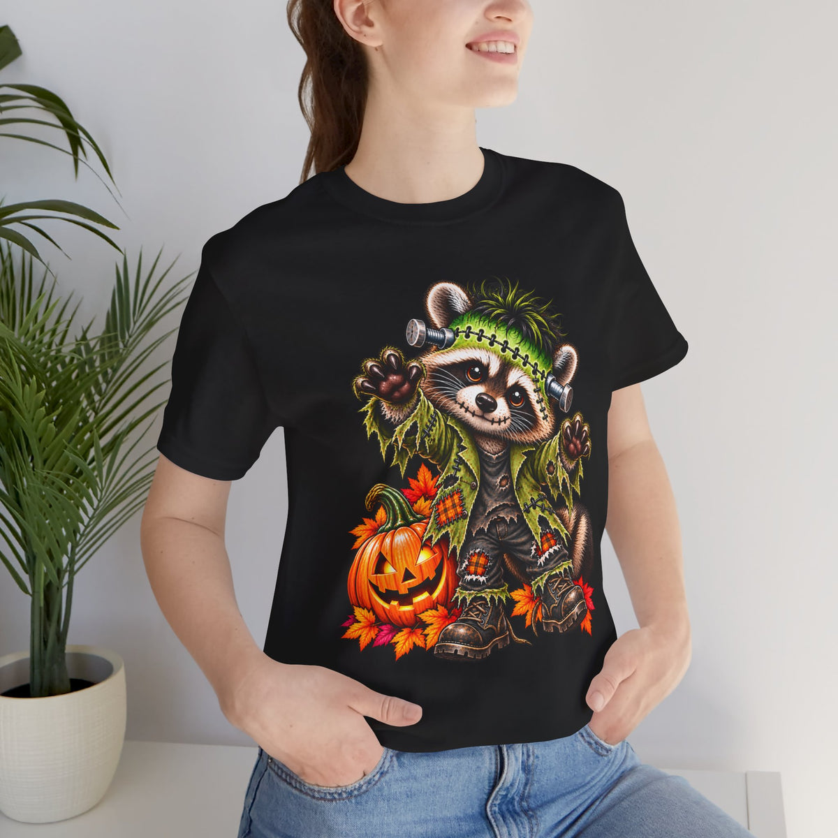 Halloween Frankenstein Raccoon and Black Cat T-Shirt