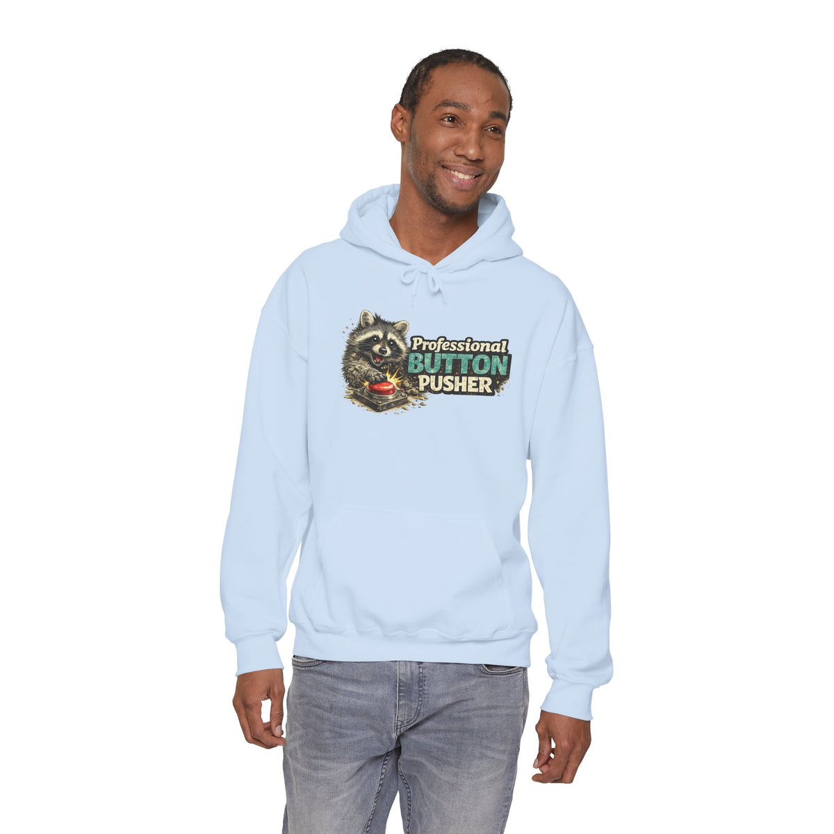 Raccoon "Button Pusher" Hooded Sweatshirt
