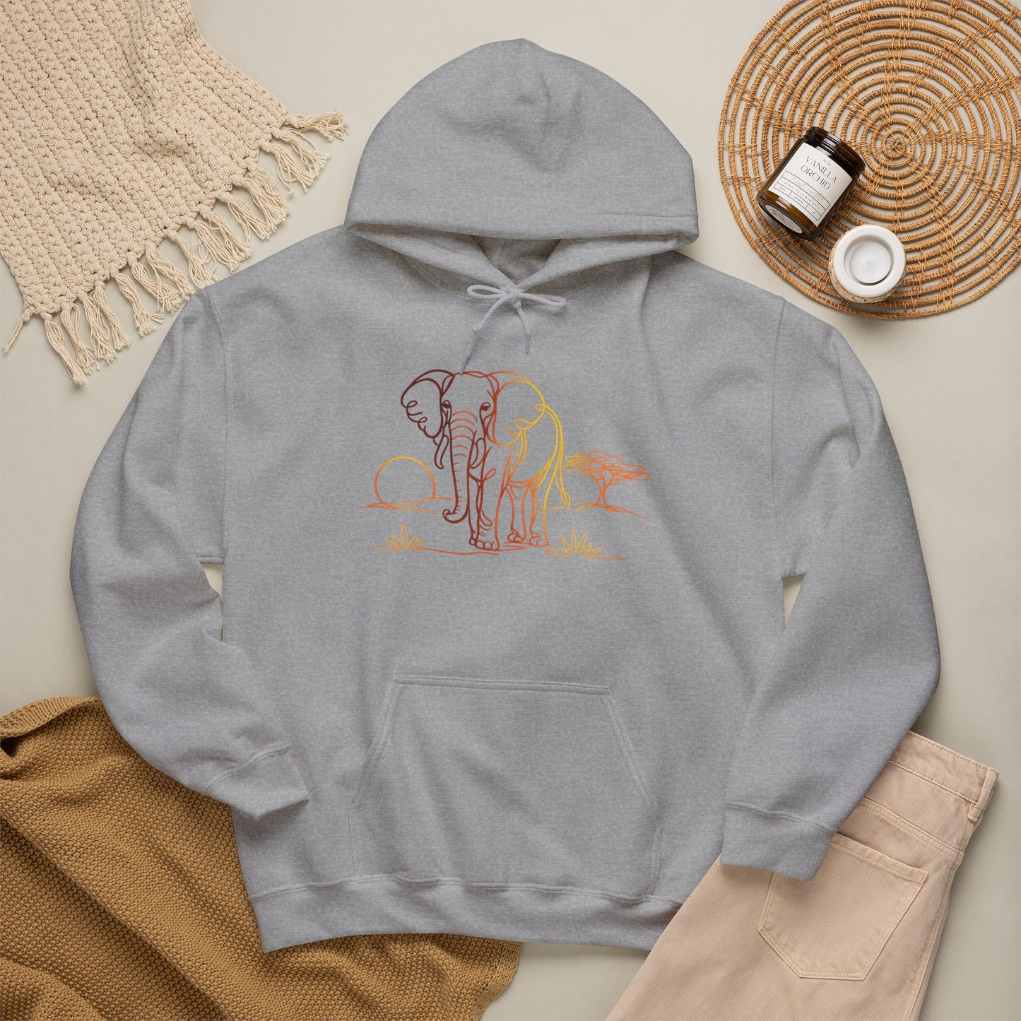 Elephant Sunset Hoodie — Minimal Safari Graphic Hooded Sweatshirt