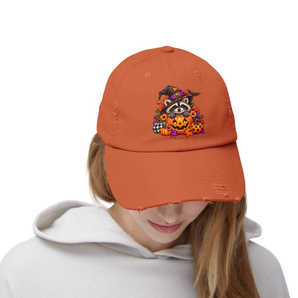 Halloween Raccoon Distressed Baseball Hat