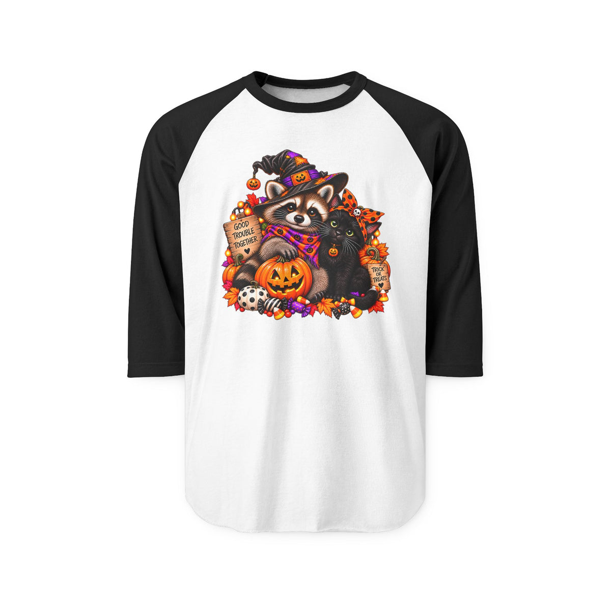 Halloween Raccoon and Black Cat Bestie Raglan Baseball Shirt