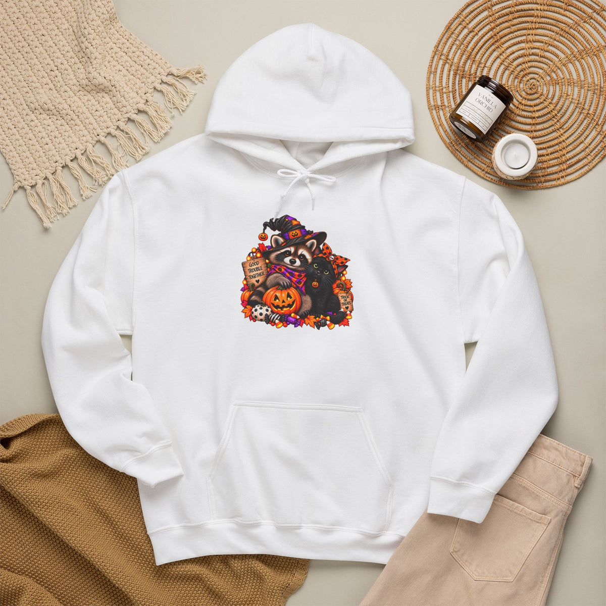 Halloween Raccoon and Black Cat Bestie Hooded Sweatshirt