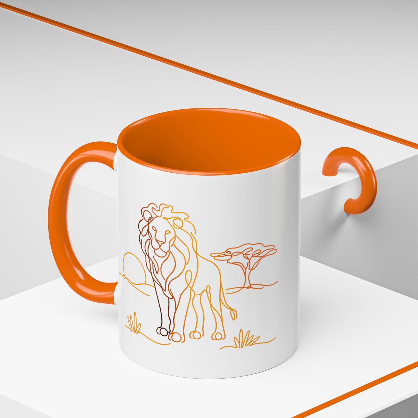 Safari Sunrise Coffee Mug — Minimal Line Lion Design (11/15oz)