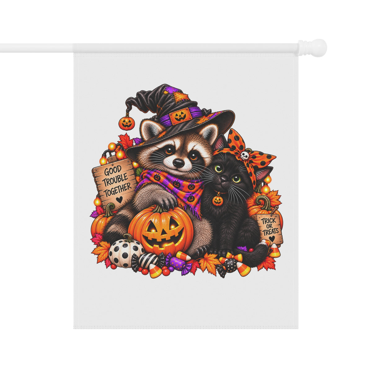 Halloween Raccoon and Black Cat Bestie Garden Flag