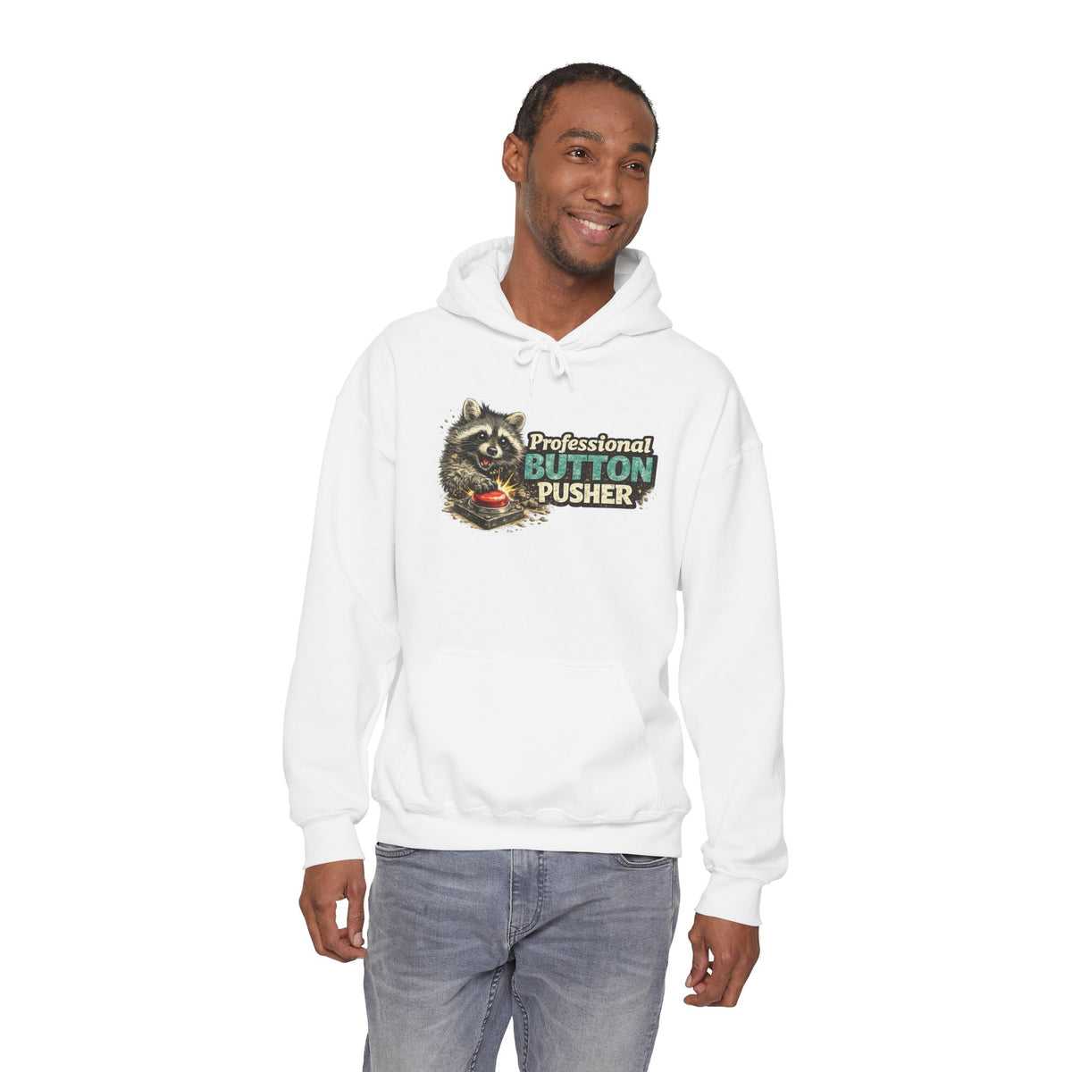 Raccoon "Button Pusher" Hooded Sweatshirt