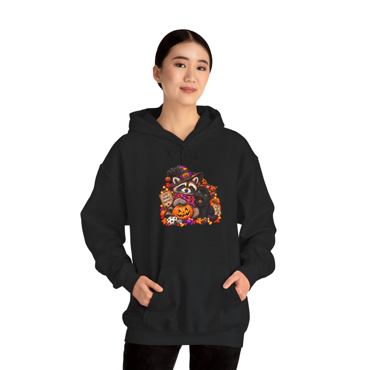 Halloween Raccoon and Black Cat Bestie Hooded Sweatshirt