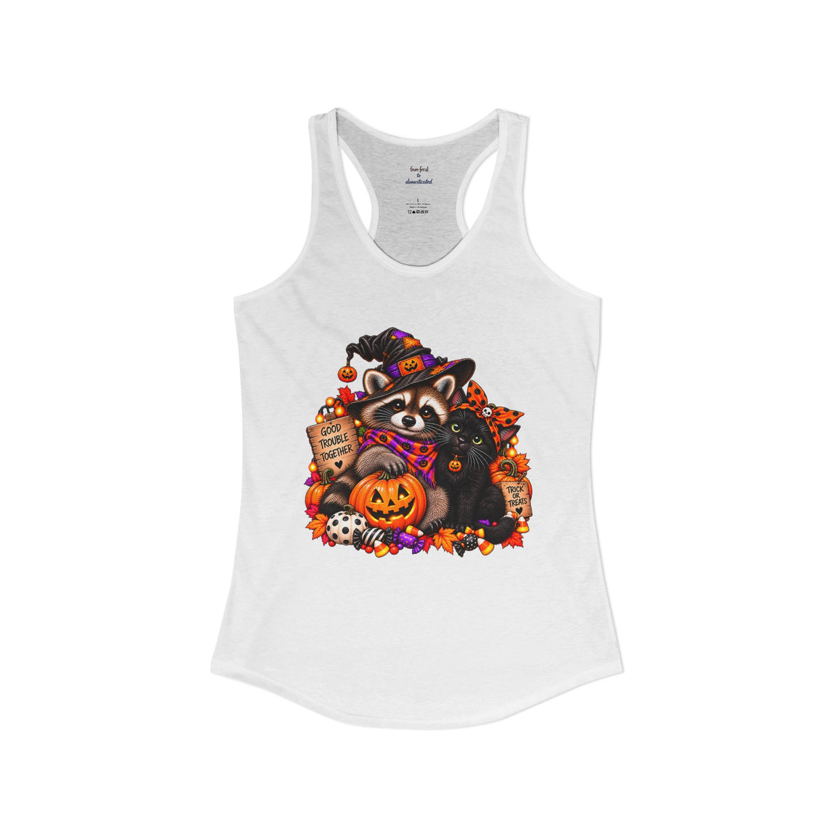 Halloween Raccoon and Black Cat Bestie Racerback Tank