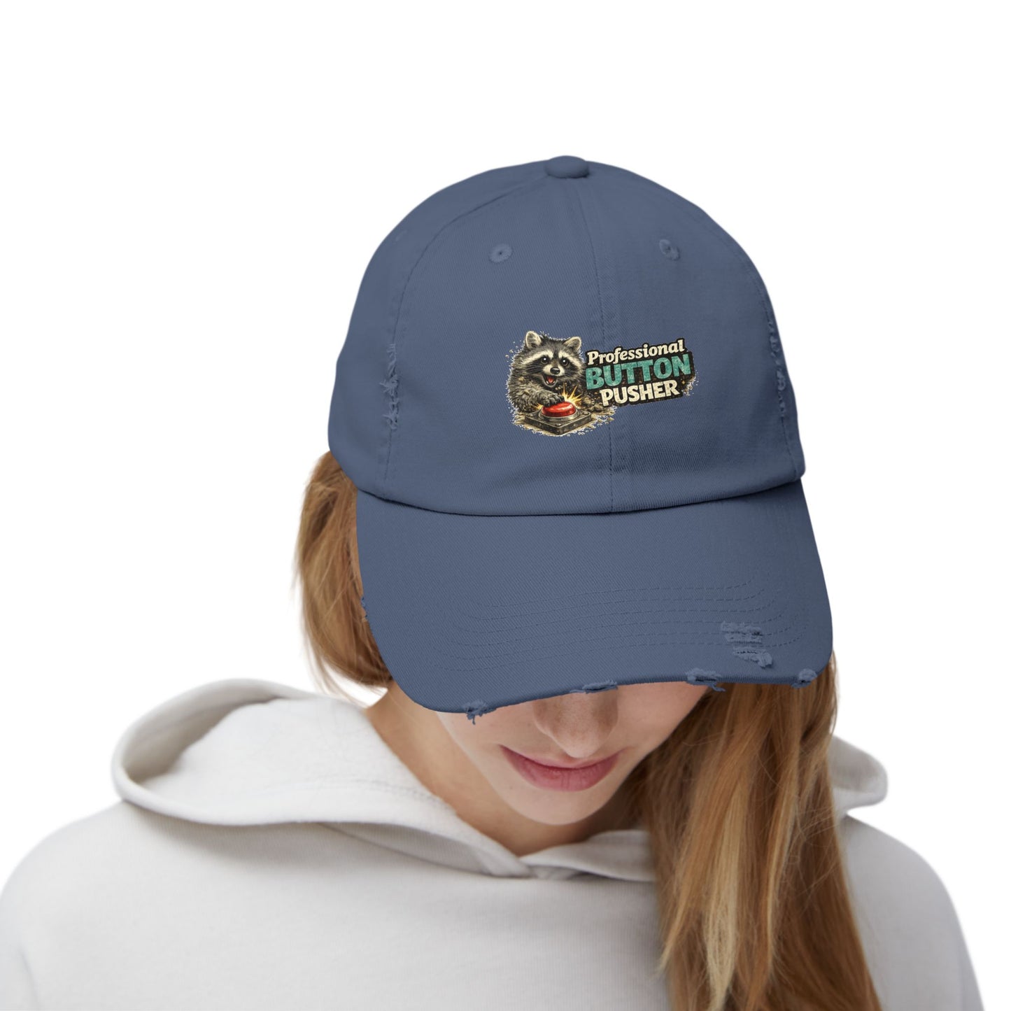 Button Pusher Distressed Cap — Raccoon Mom/Dad Funny Dad Hat