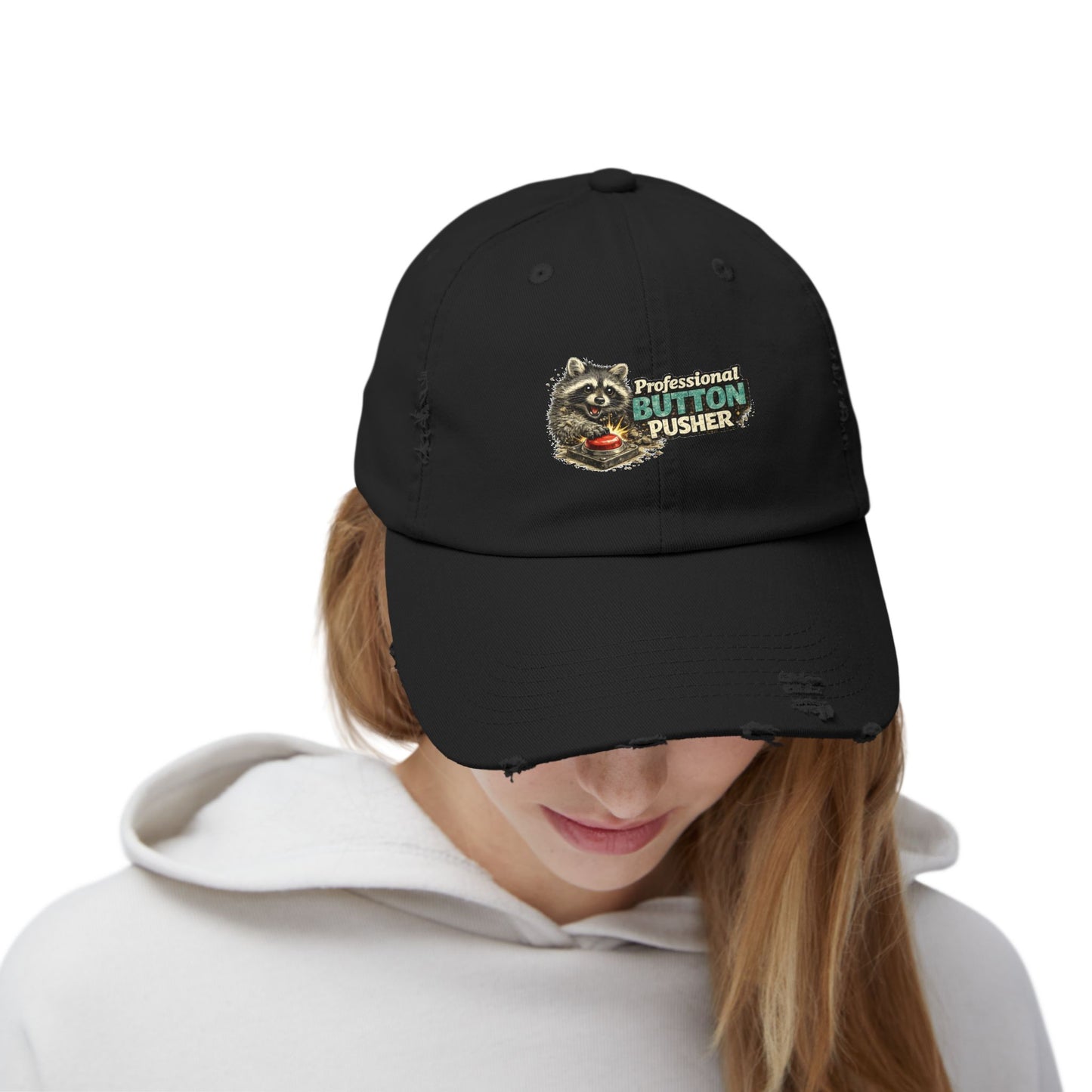 Button Pusher Distressed Cap — Raccoon Mom/Dad Funny Dad Hat