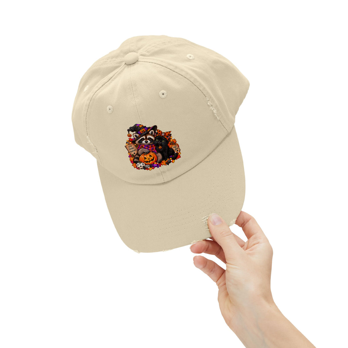 Halloween Raccoon and Black Cat Bestie Distressed Baseball Hat