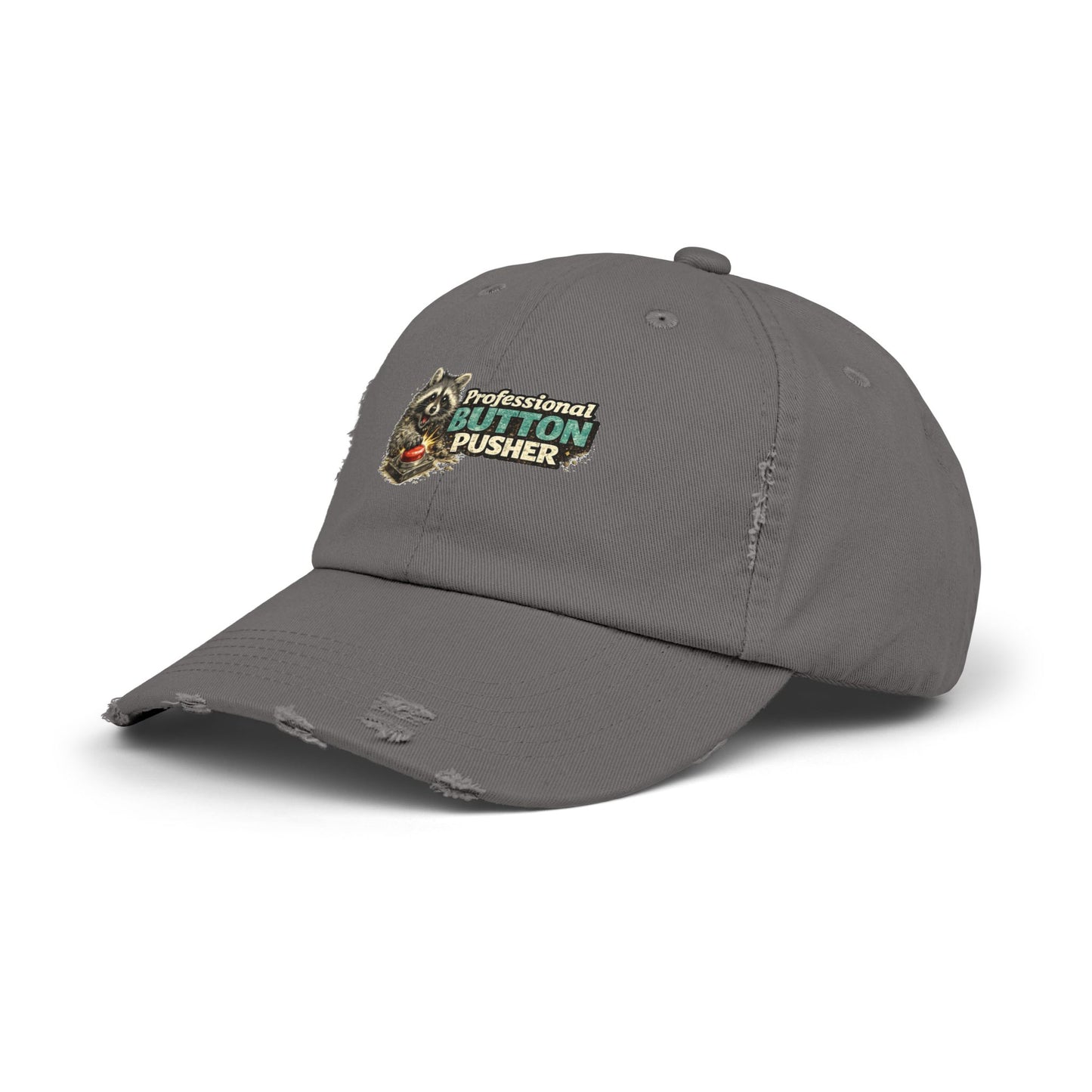 Button Pusher Distressed Cap — Raccoon Mom/Dad Funny Dad Hat