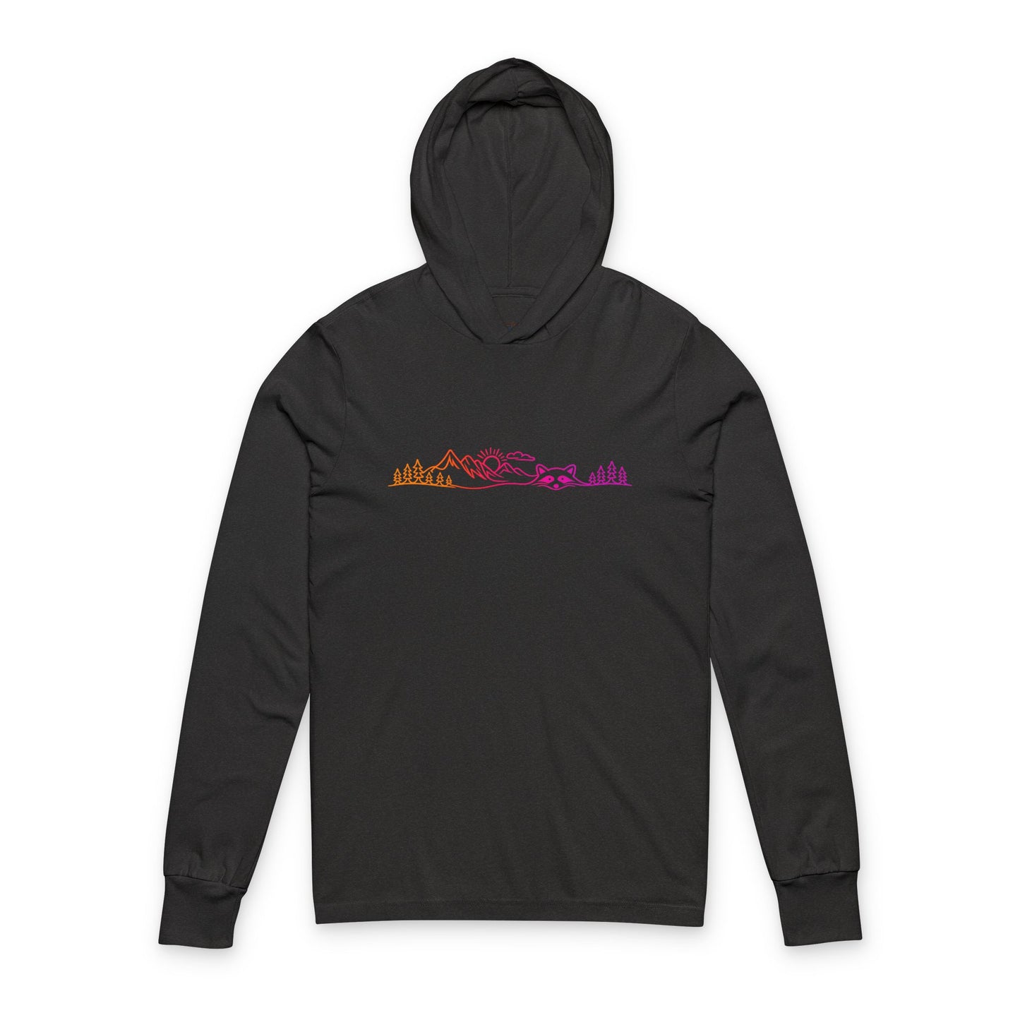 Continuous Line Art | Sunrise Moutain Raccoon Hooded Long Sleeve Tee