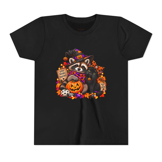 Halloween Youth Tee — Raccoon with it's Black Cat Bestie Kids Tshirt