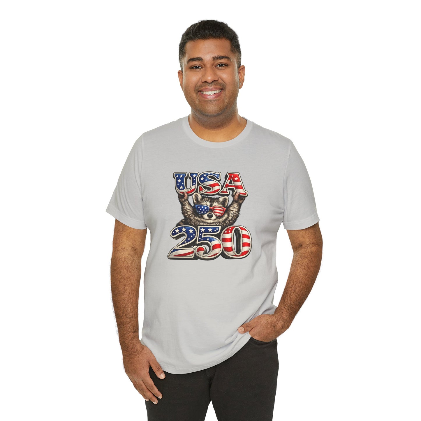 Patriot Raccoon 250th Anniversary T-Shirt — 4th of July Fireworks Flag Tee
