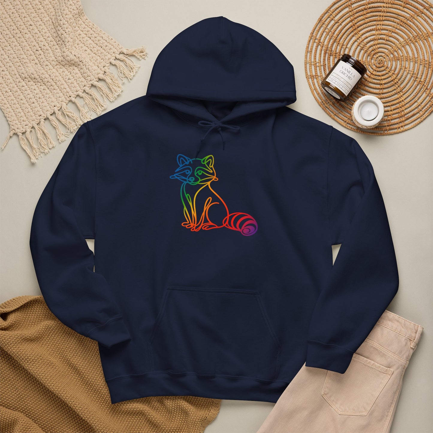 Rainbow Line Art Raccoon Hoodie