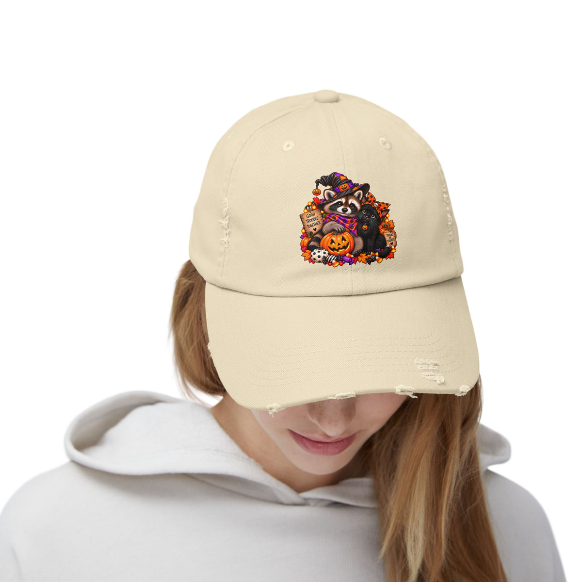 Halloween Raccoon and Black Cat Bestie Distressed Baseball Hat