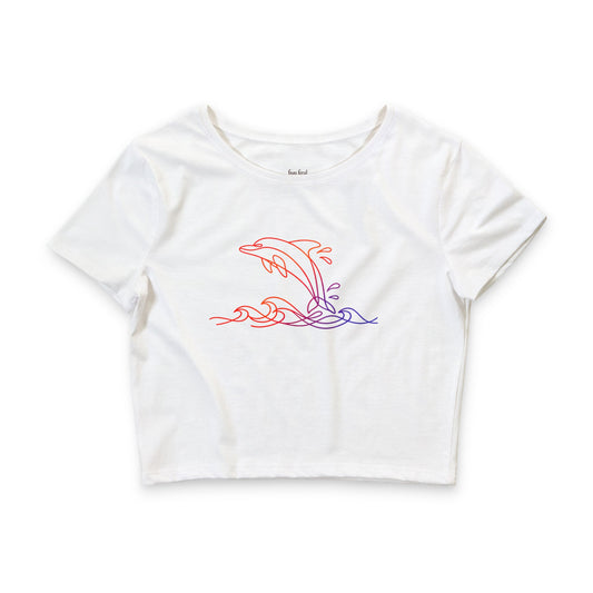 Sunset Dolphin Wave Crop Tee — Women's Ocean Breeze Graphic Crop Top