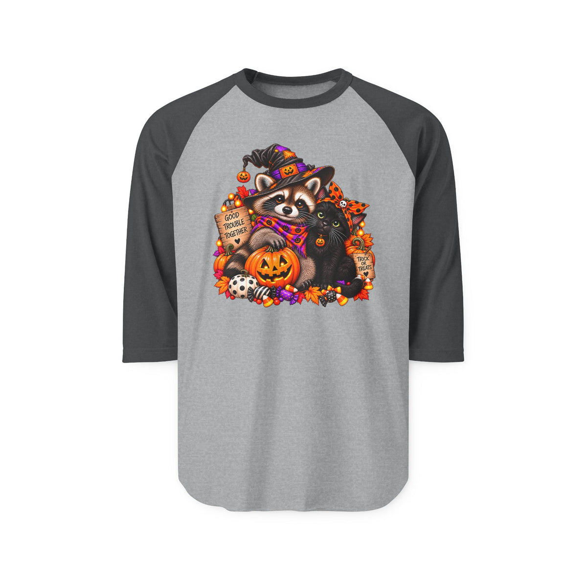 Halloween Raccoon and Black Cat Bestie Raglan Baseball Shirt