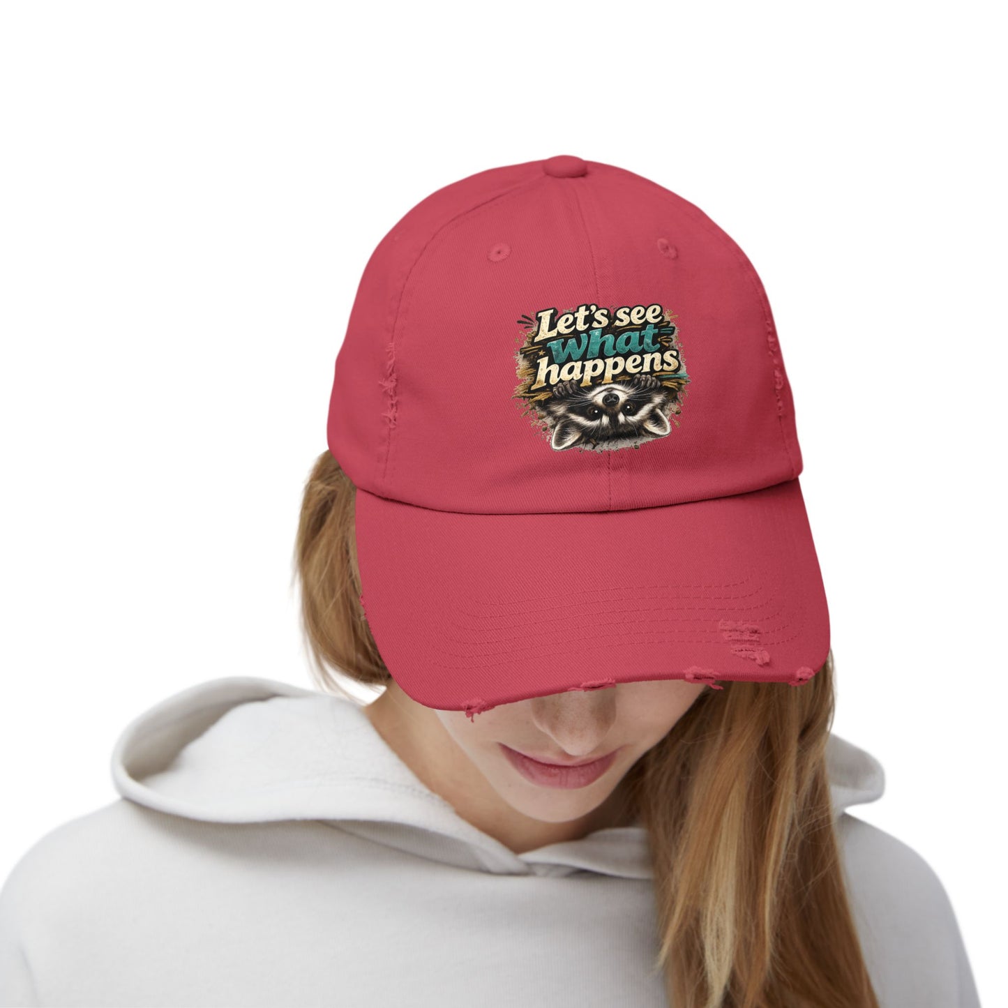 Let's See What Happens Distressed Cap — Raccoon Mom/Dad Funny Dad Hat