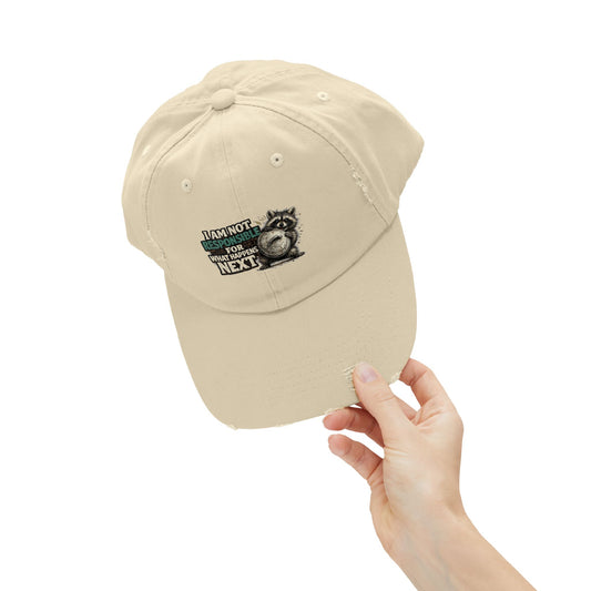 Not Responsible Distressed Cap — Raccoon Mom/Dad Funny Dad Hat