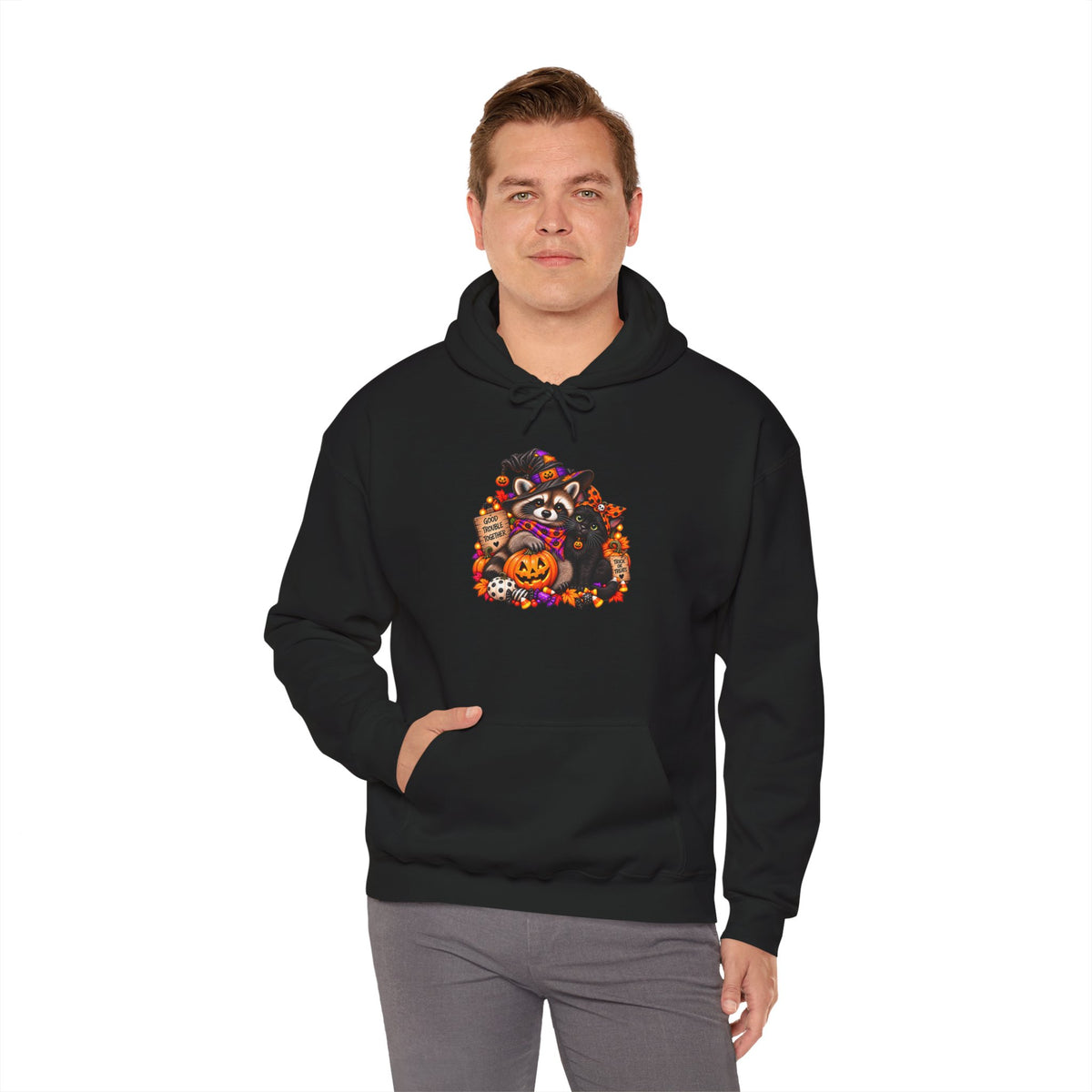 Halloween Raccoon and Black Cat Bestie Hooded Sweatshirt