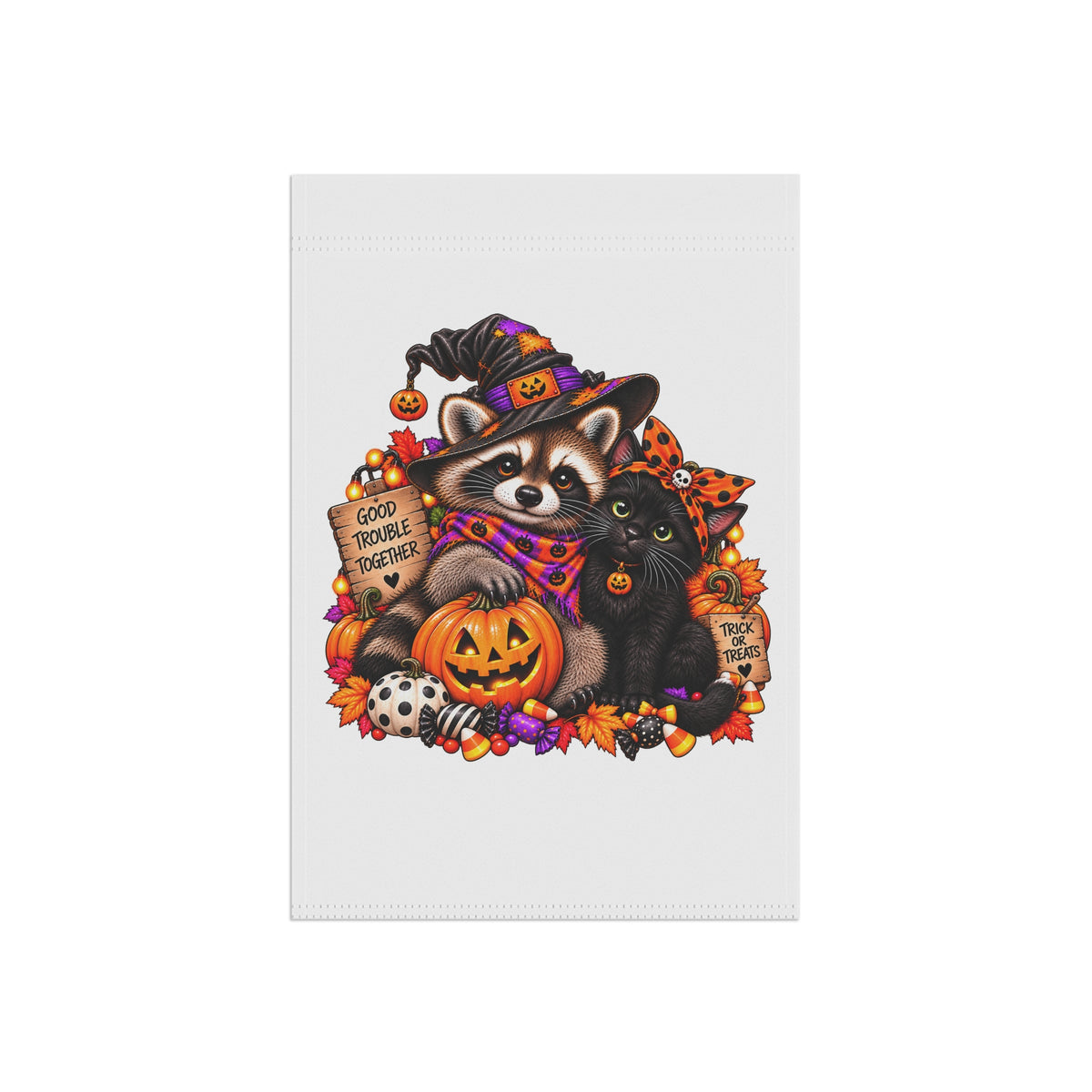 Halloween Raccoon and Black Cat Bestie Garden Flag