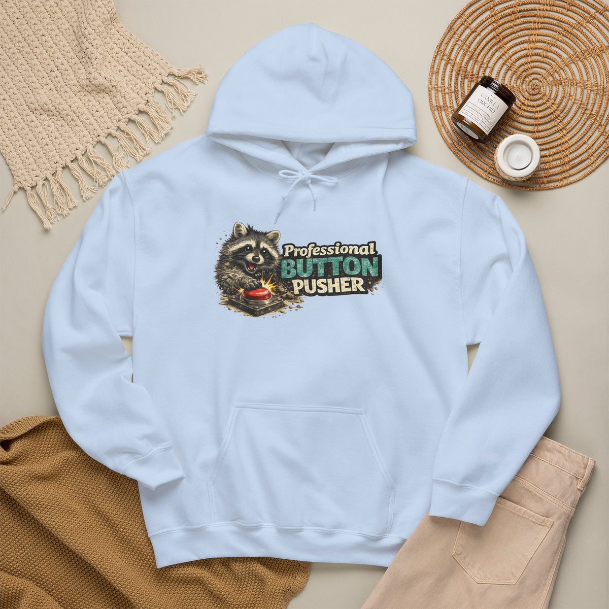 Raccoon "Button Pusher" Hooded Sweatshirt