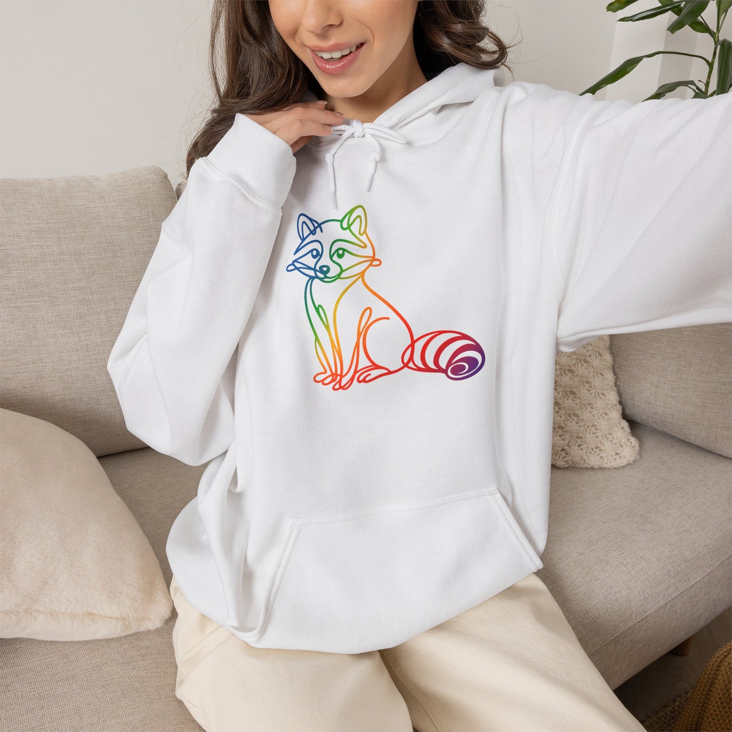 Rainbow Line Art Raccoon Hoodie