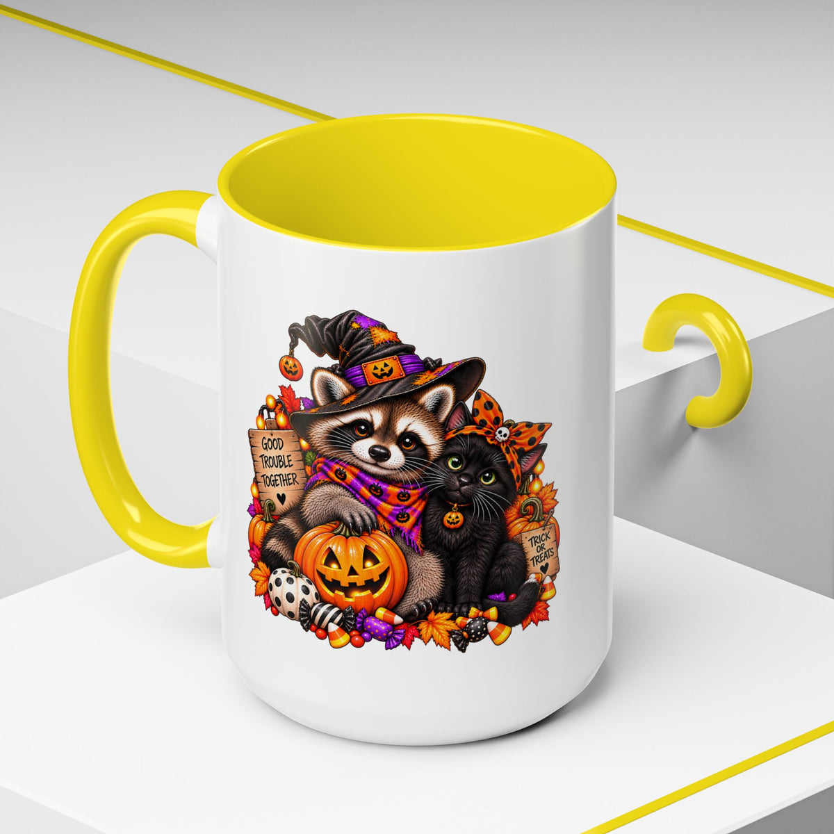 Halloween Raccoon and Black Cat Bestie Coffee Mug  (11/15oz)