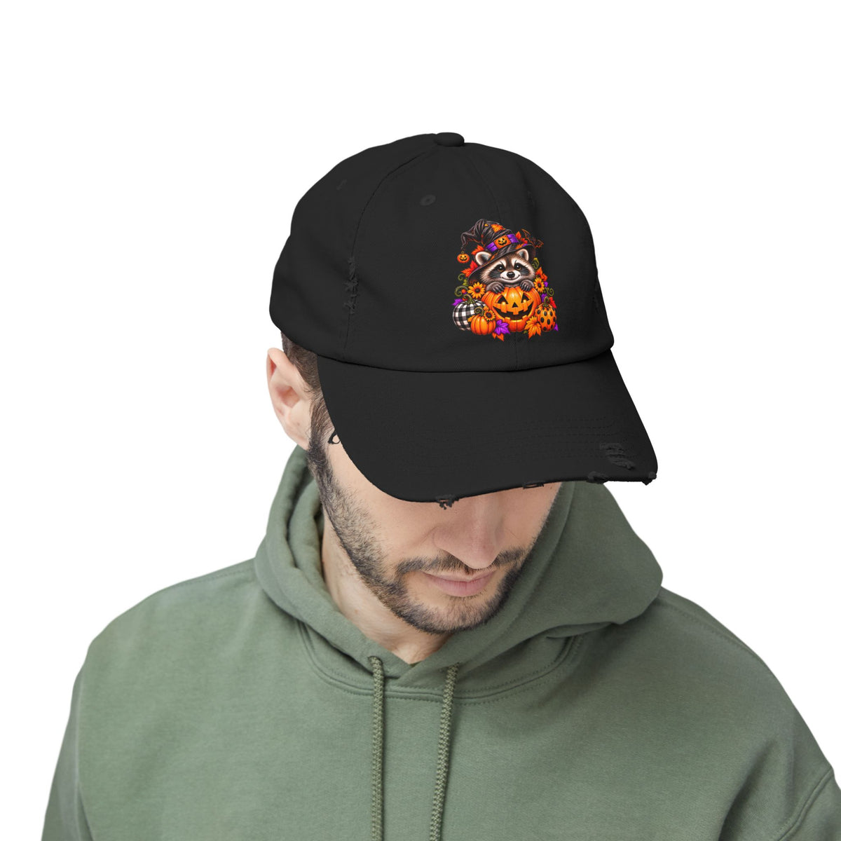 Halloween Raccoon Distressed Baseball Hat