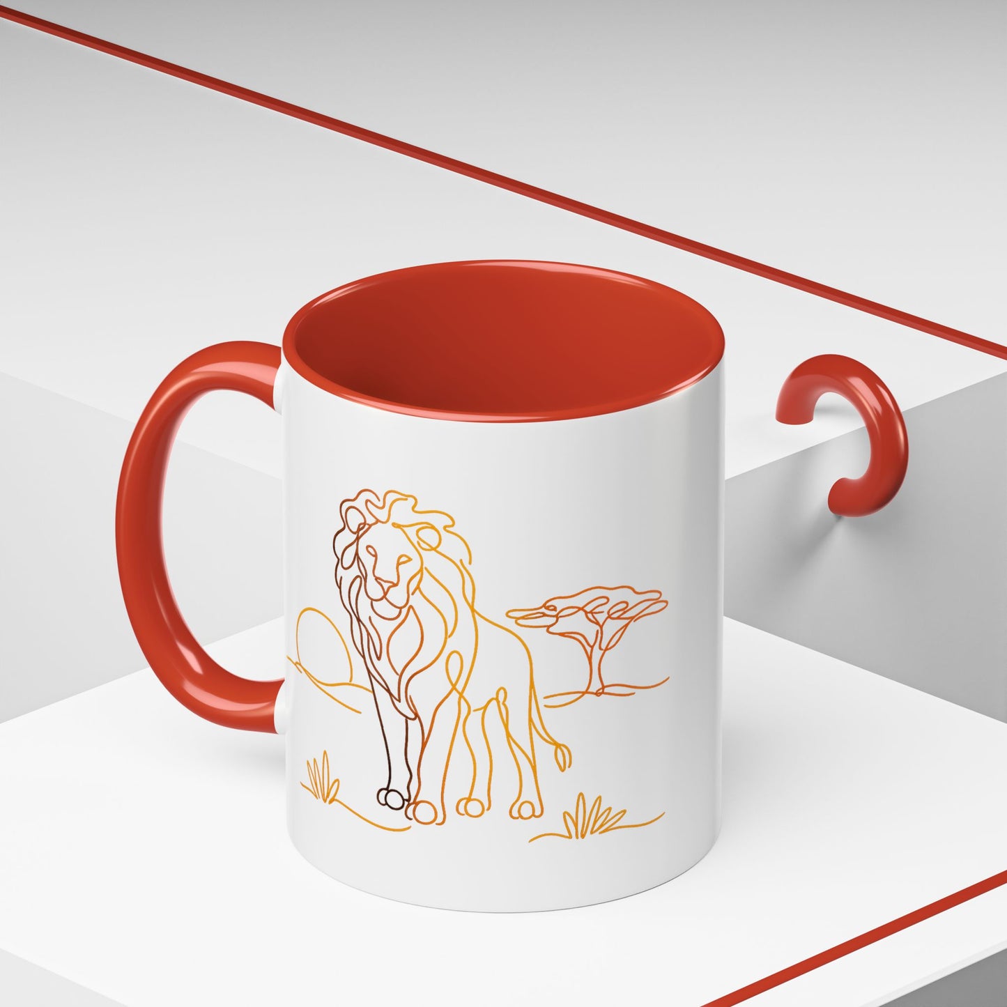 Safari Sunrise Coffee Mug — Minimal Line Lion Design (11/15oz)