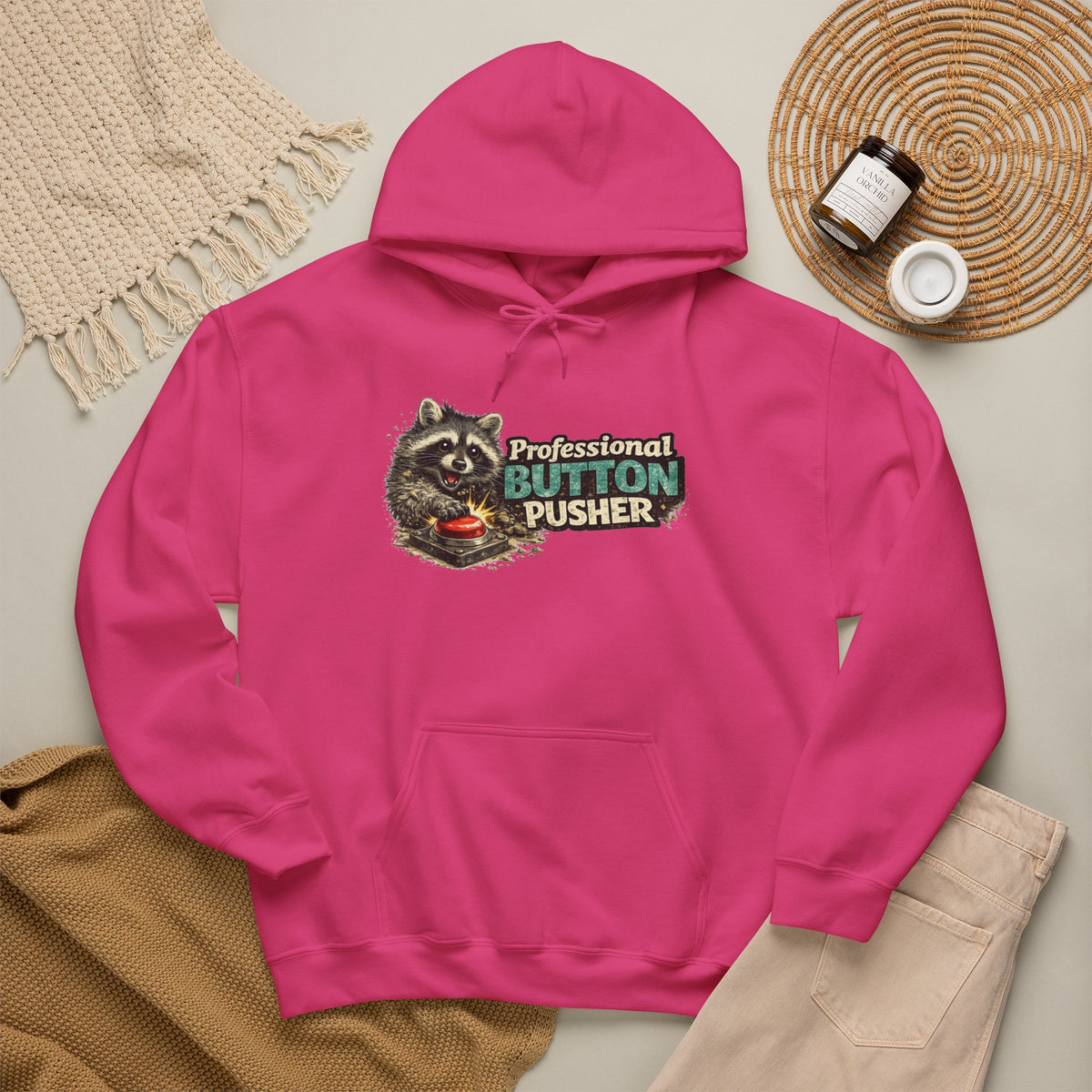 Raccoon "Button Pusher" Hooded Sweatshirt