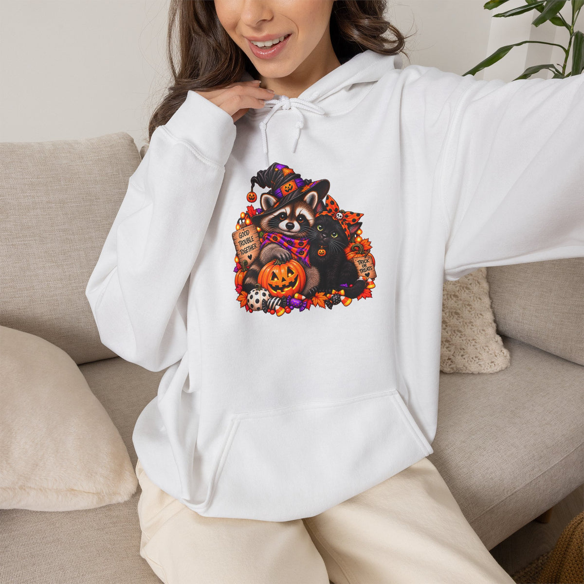 Halloween Raccoon and Black Cat Bestie Hooded Sweatshirt