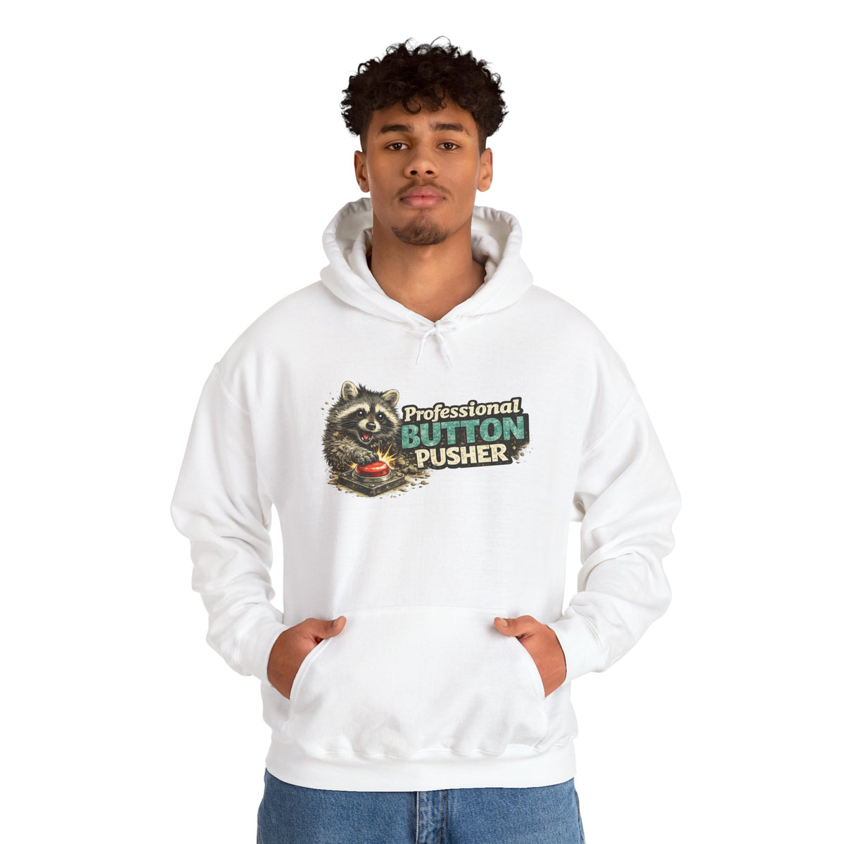 Raccoon "Button Pusher" Hooded Sweatshirt