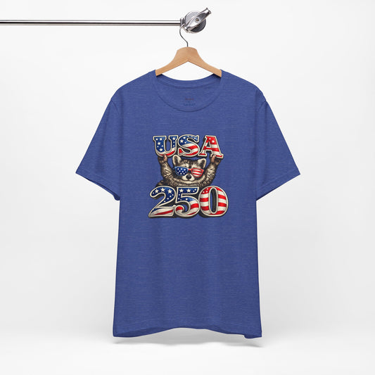 Patriot Raccoon 250th Anniversary T-Shirt — 4th of July Fireworks Flag Tee
