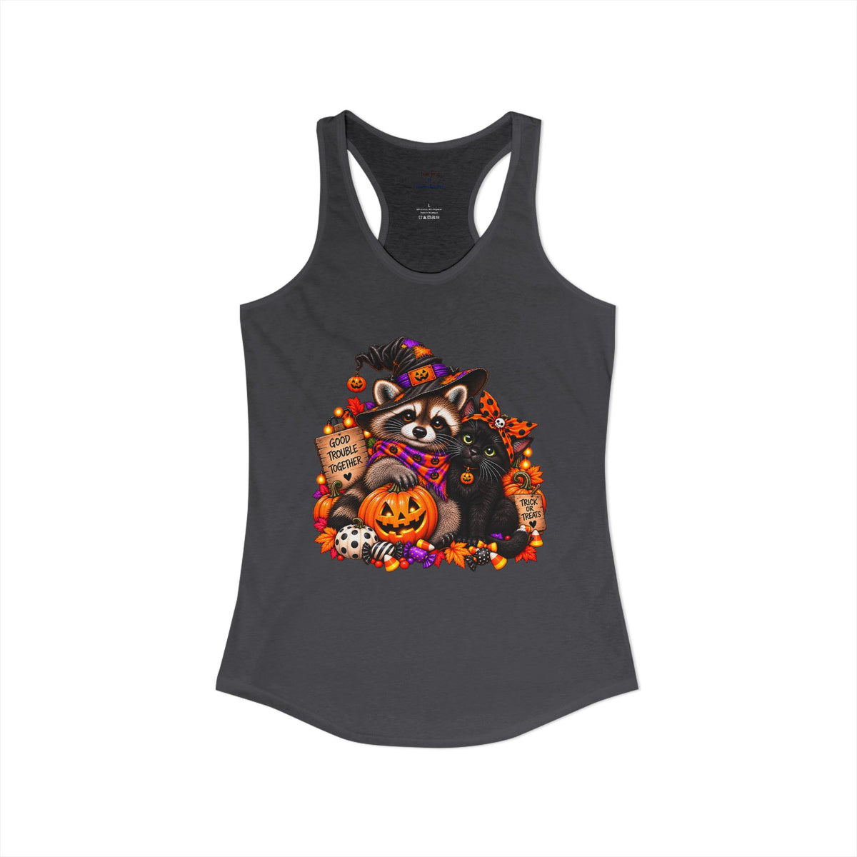 Halloween Raccoon and Black Cat Bestie Racerback Tank
