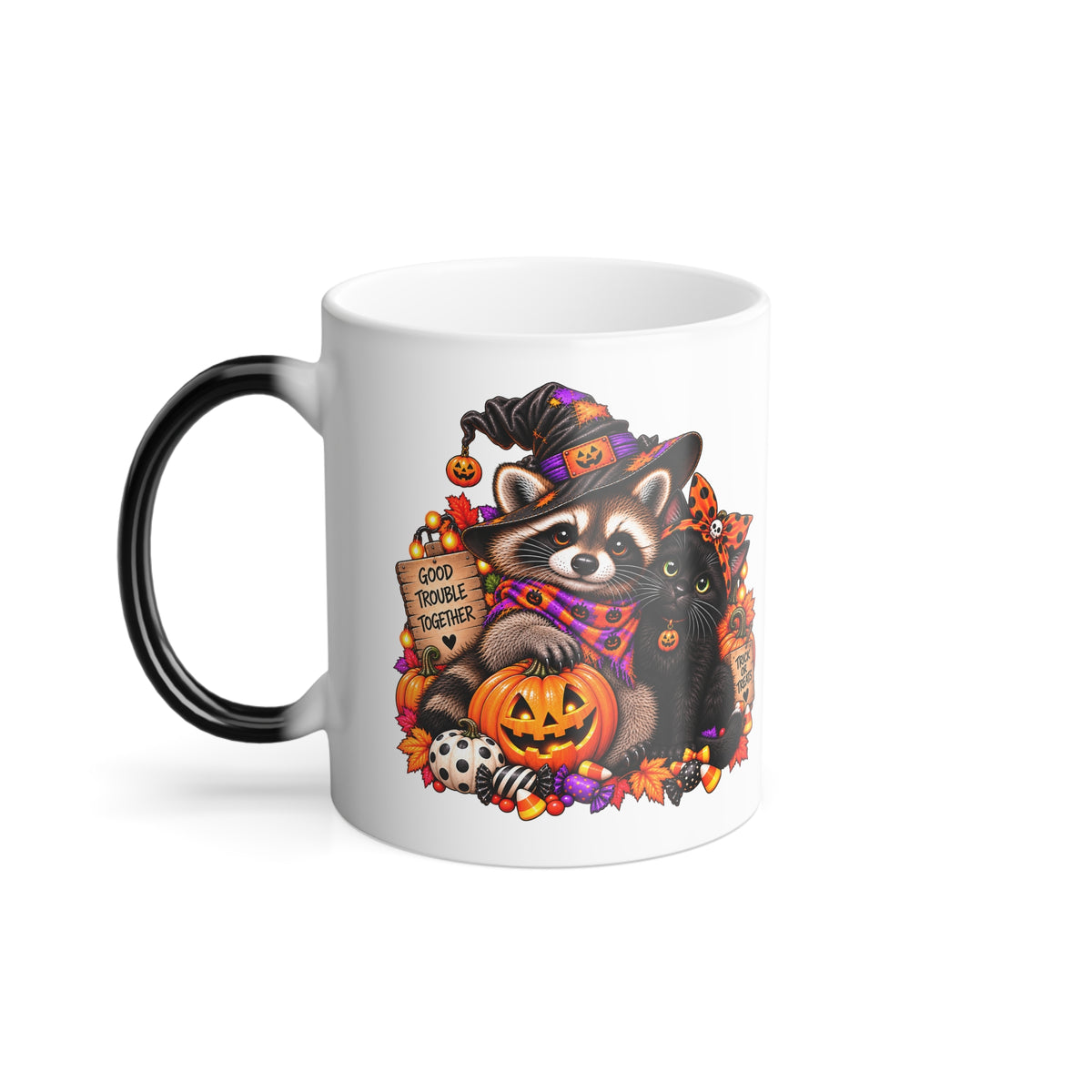 Halloween Raccoon and Black Cat Bestie Color-Changing Mug  11 oz