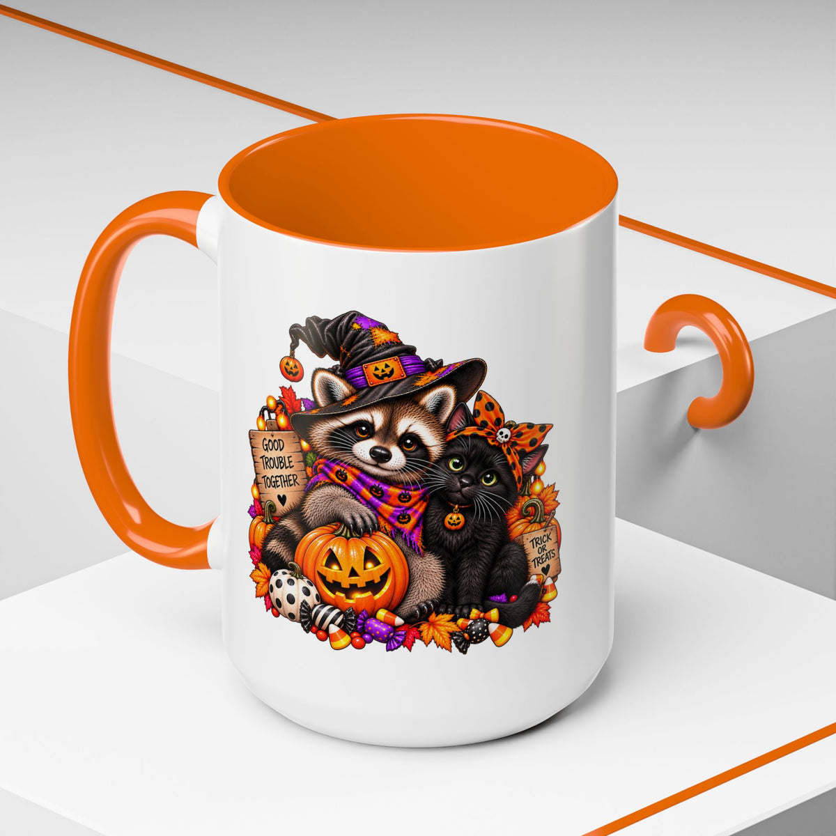 Halloween Raccoon and Black Cat Bestie Coffee Mug  (11/15oz)