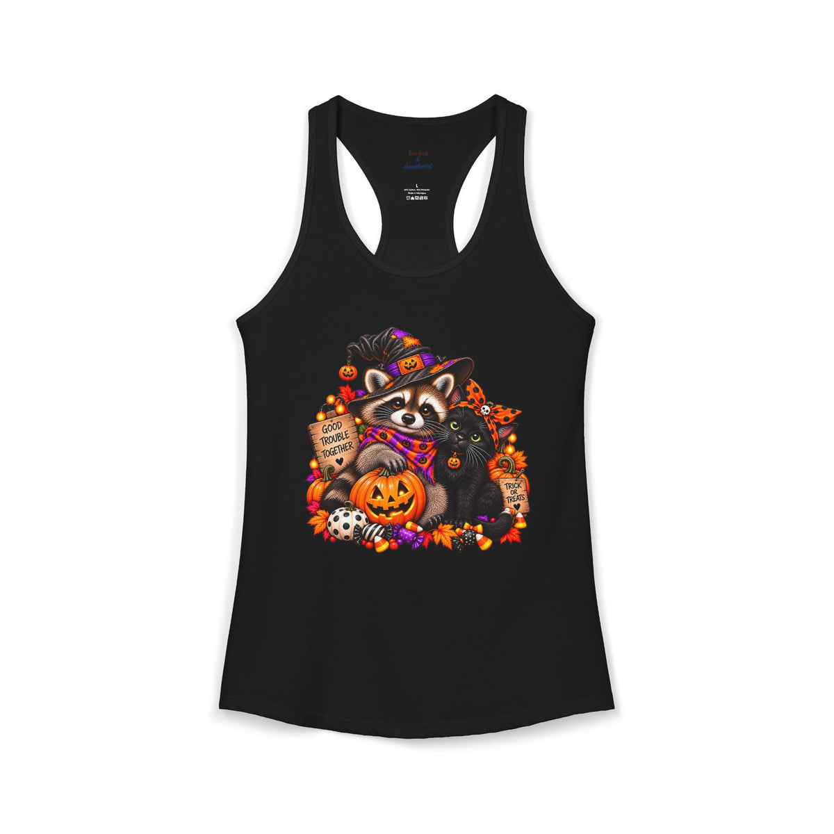 Halloween Raccoon and Black Cat Bestie Racerback Tank
