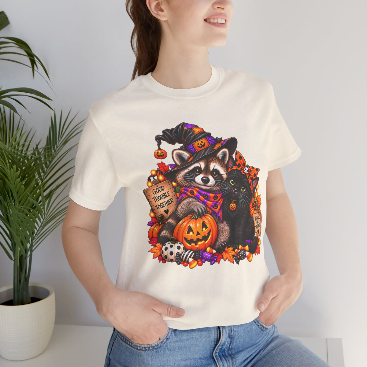 Halloween Raccoon and Black Cat T-Shirt