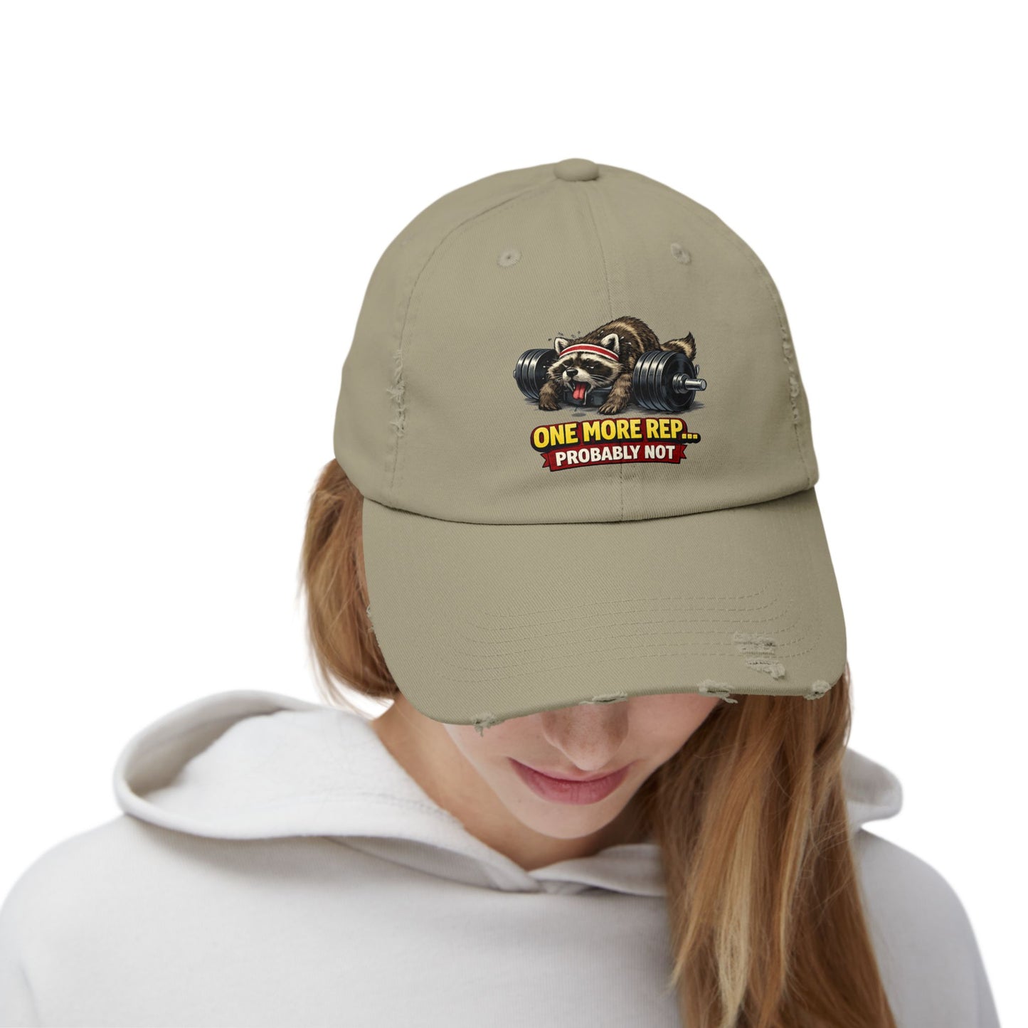 One More Rep Distressed Cap — Raccoon Mom/Dad Funny Dad Hat