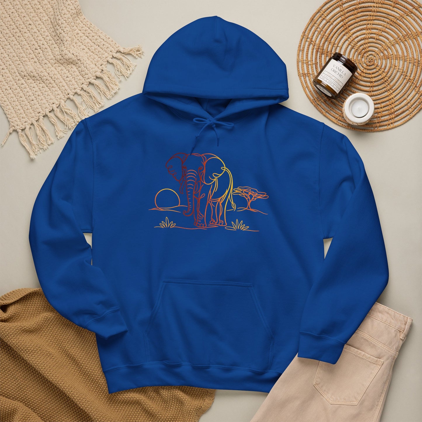 Elephant Sunset Hoodie — Minimal Safari Graphic Hooded Sweatshirt