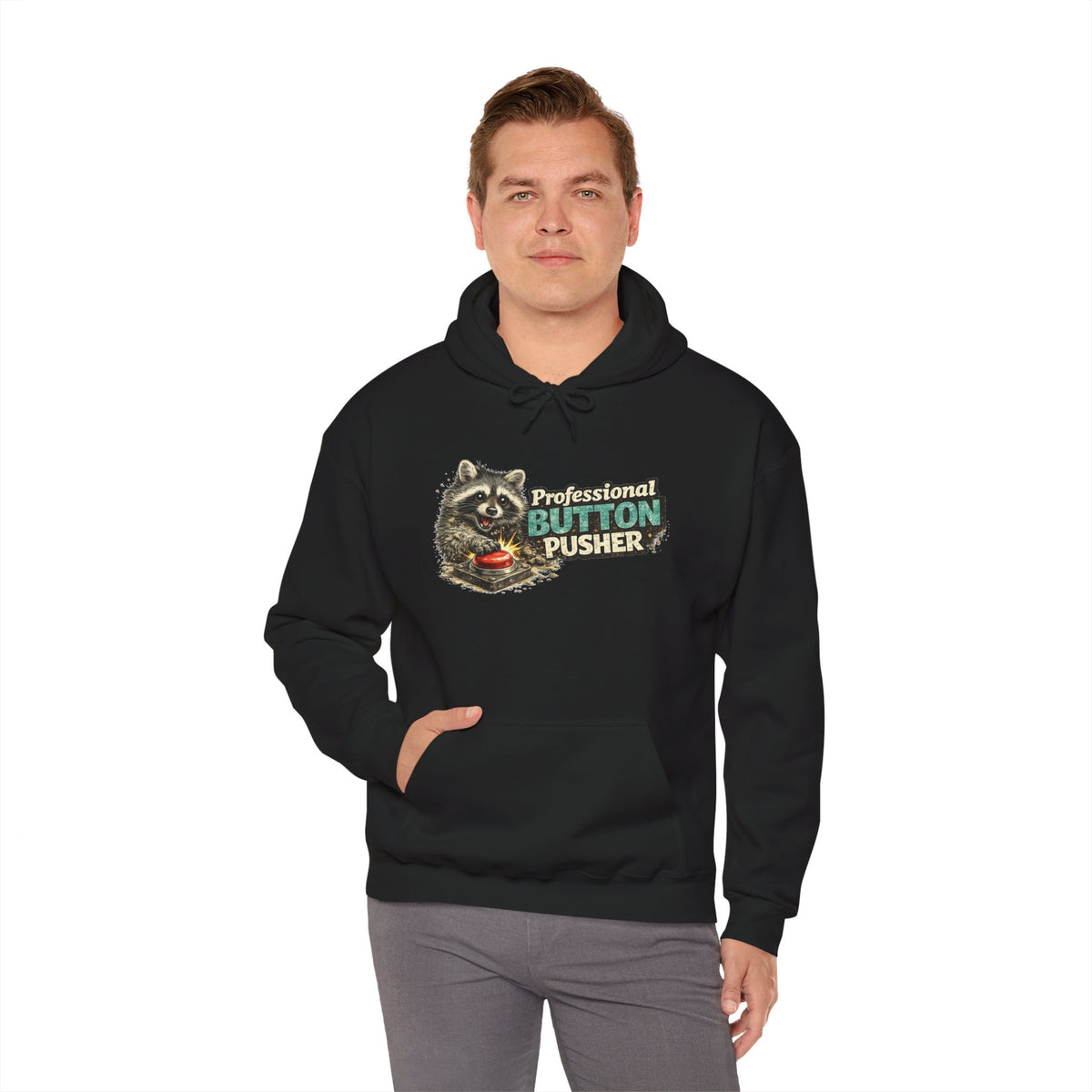 Raccoon "Button Pusher" Hooded Sweatshirt