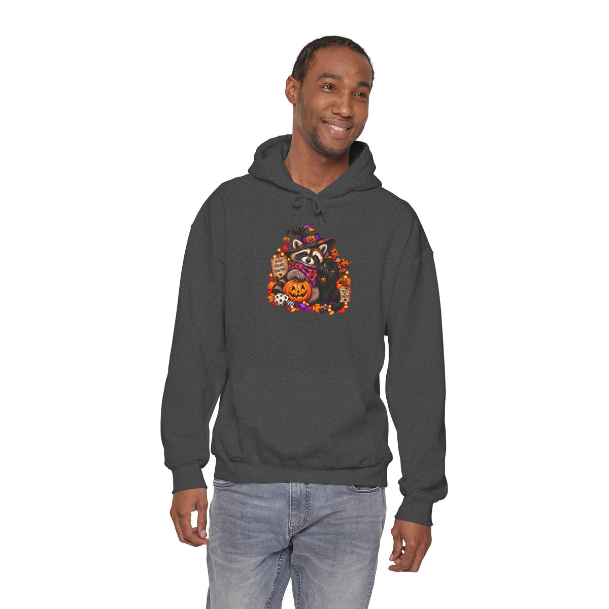 Halloween Raccoon and Black Cat Bestie Hooded Sweatshirt