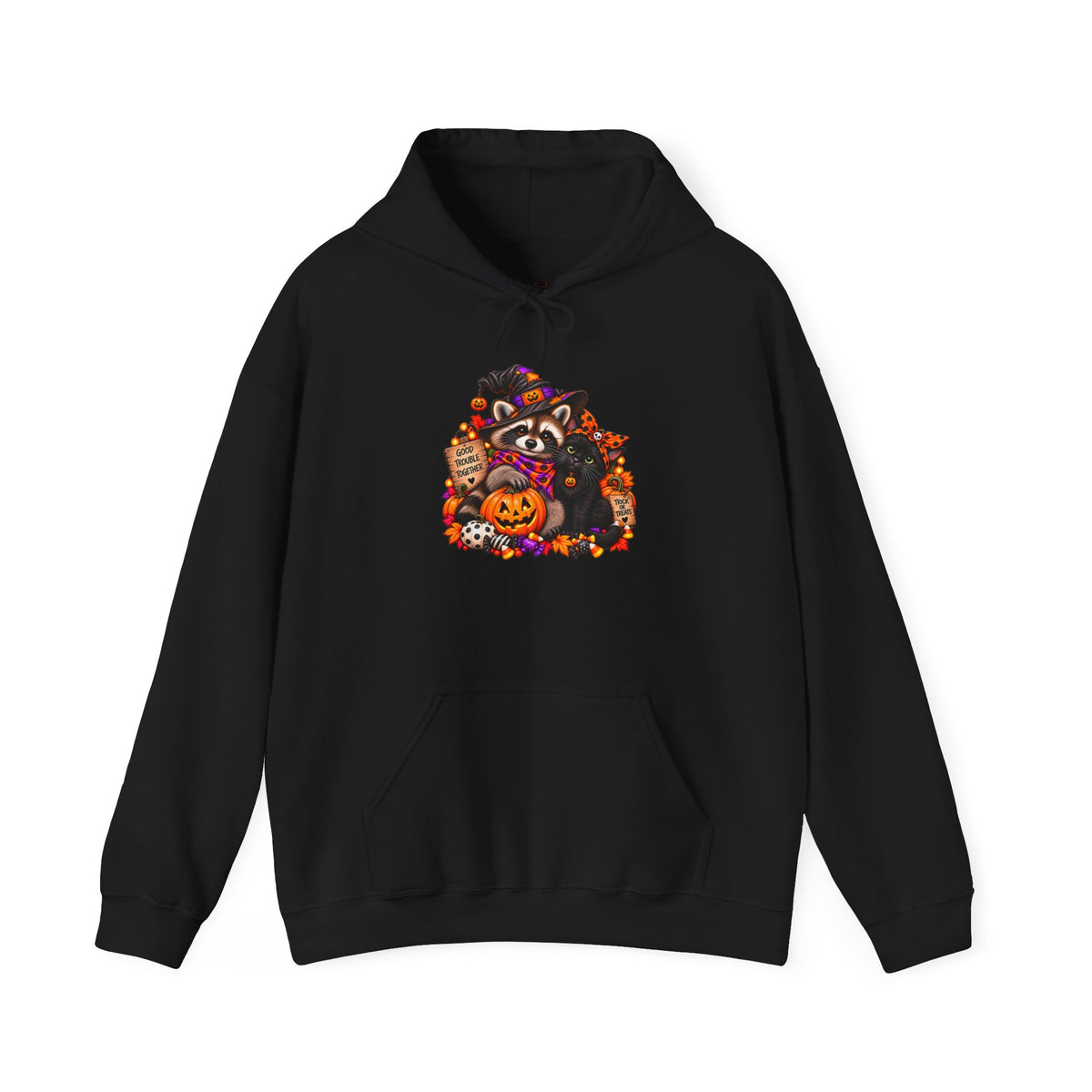 Halloween Raccoon and Black Cat Bestie Hooded Sweatshirt