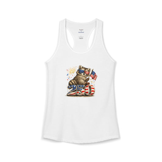 Patriotic Raccoon 4th of July Tank — Raccoon on 250 with Flag & Fireworks Racerback Tank