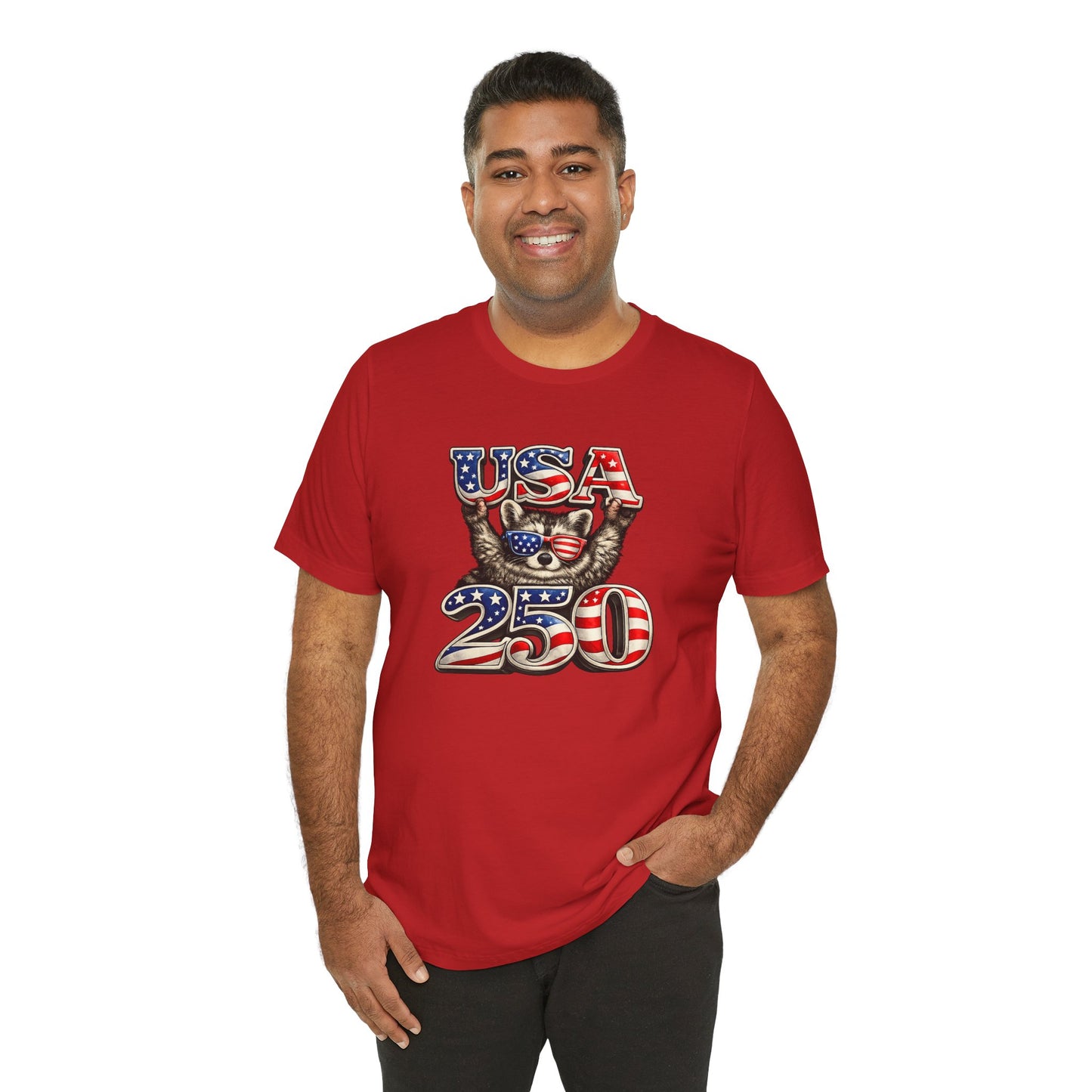 Patriot Raccoon 250th Anniversary T-Shirt — 4th of July Fireworks Flag Tee