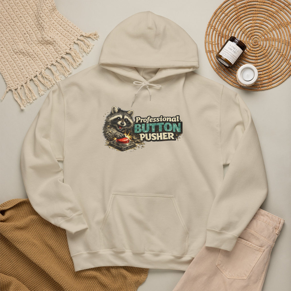 Raccoon "Button Pusher" Hooded Sweatshirt