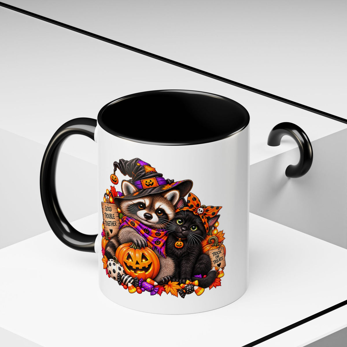 Halloween Raccoon and Black Cat Bestie Coffee Mug  (11/15oz)